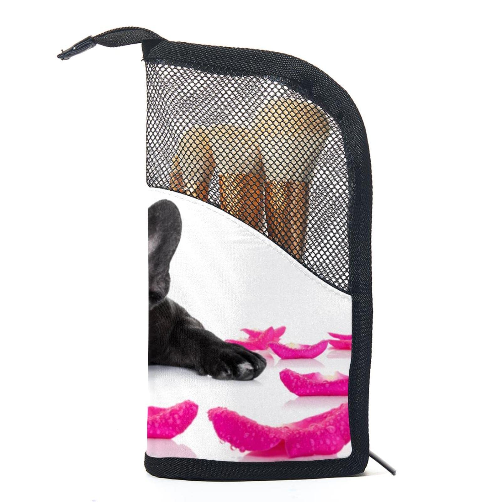 French Bulldog Rose Petal Makeup Brush Organizer Bag - 12 Slot Portable Makeup Brush Holder Case for Travel, Home & Professional Makeup Artist Use