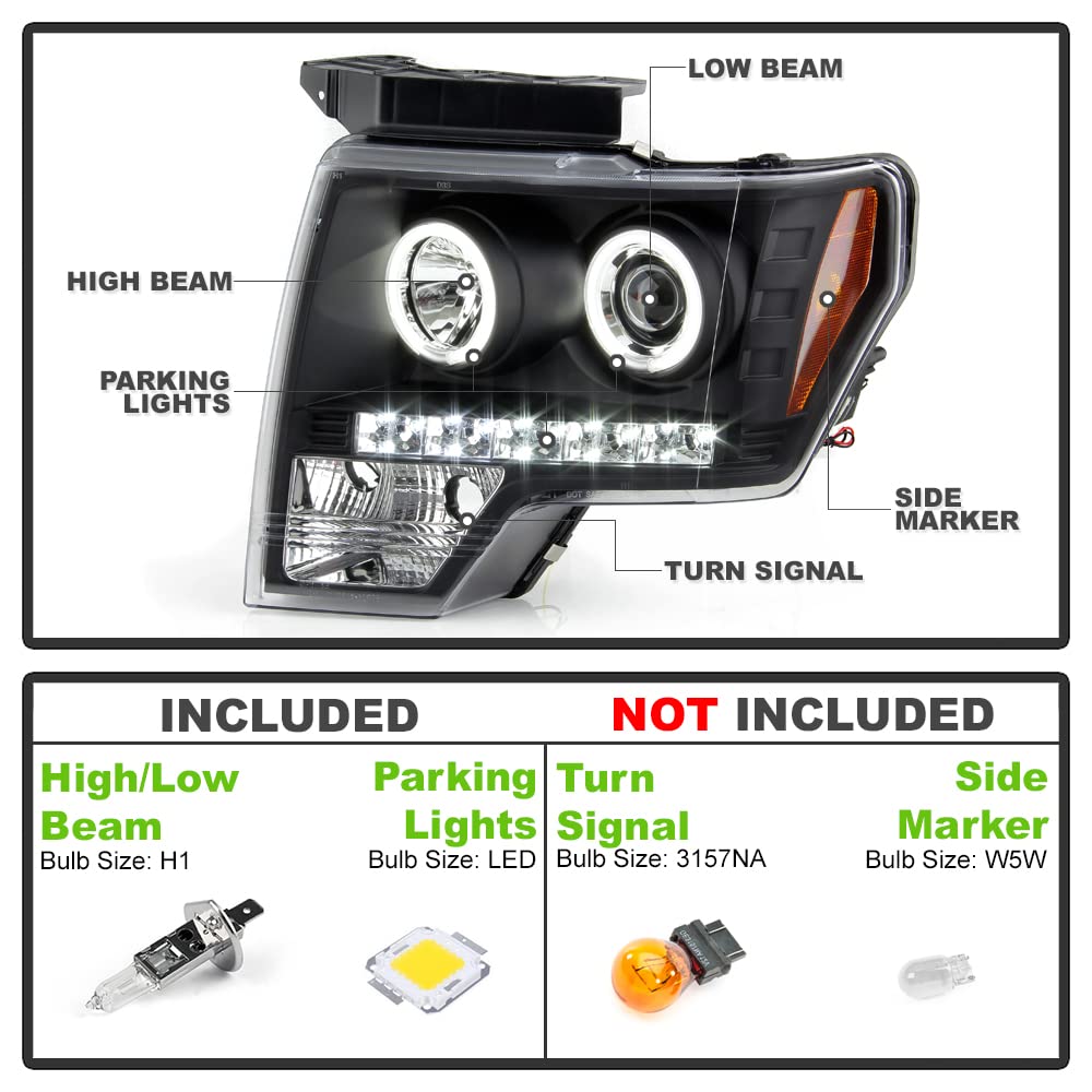 ACANII LED CCFL Halo Black Housing Projector Headlights for 2009-2014 Ford F150 - Driver & Passenger Side - Upgrade Your Truck's Lighting for Night Driving & Off-Road Adventures