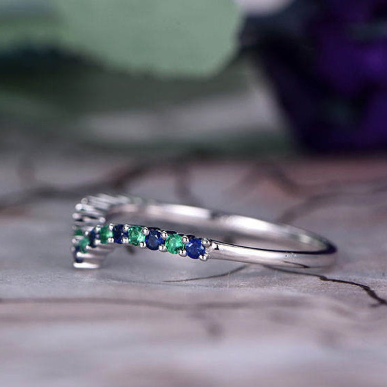 14K White Gold Natural Emerald & Sapphire Curved V Wedding Band - Half Eternity Stackable Ring with Bar Setting for Women, Anniversary, Promise Ring, Gift for Her - Perfect for Stacking, Bridal Sets, and Special Occasions