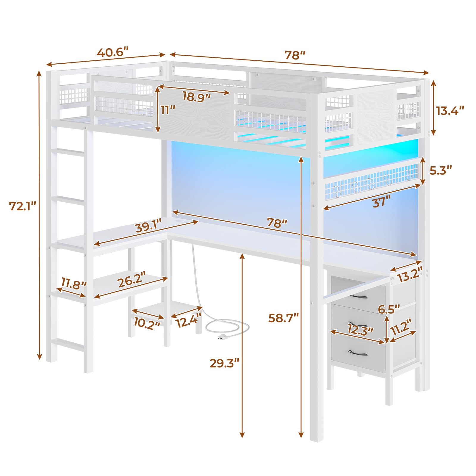 Twin Loft Bed with L-Shaped Desk & LED Lights - Metal Twin Size Bed Frame with Charging Station, 3 Fabric Drawers & 2-Tier Storage Shelves - Safety Guard & Ladder Included - No Box Spring Needed - Perfect for Small Bedrooms, Dorm Rooms & Kids' Rooms