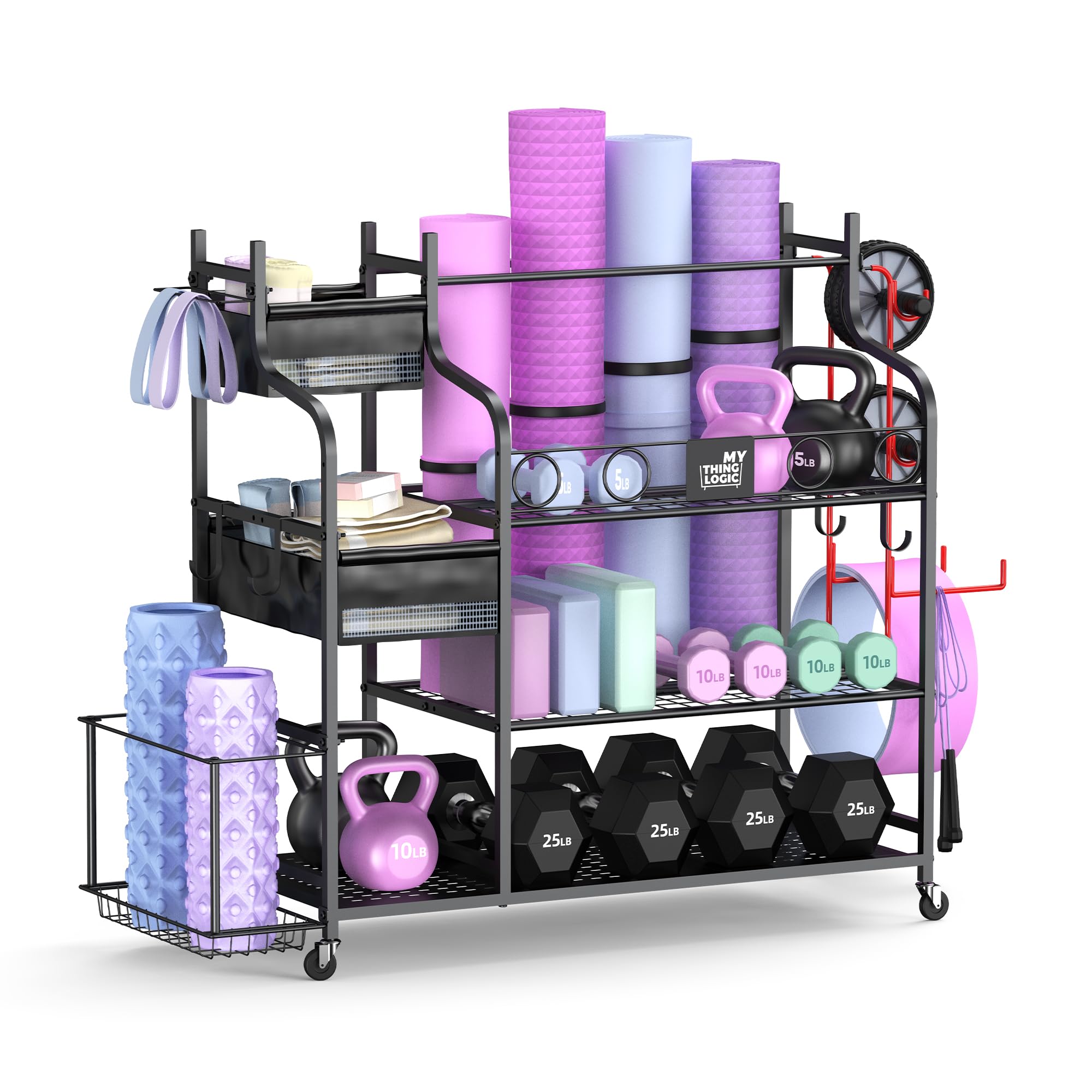 Mythinglogic Heavy Duty Dumbbell Rack with Wheels - Adjustable Home Gym Storage for Dumbbells, Kettlebells, Yoga Mats & Strength Training Equipment - Space-Saving Fitness Organizer with Hanging Hooks - Perfect for Garage Gym, Home Workout & Yoga Studio Storage