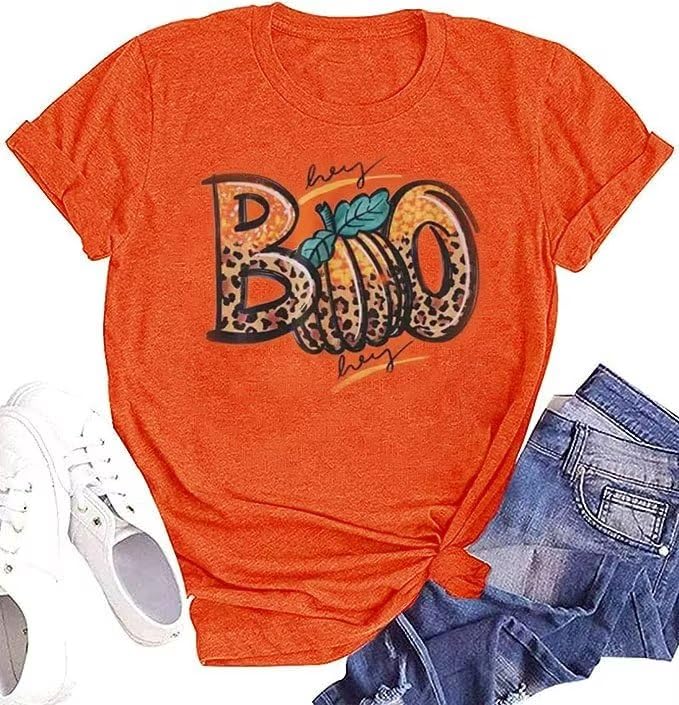 Halloween Pumpkin Leopard Graphic Tee for Women - Short Sleeve Fall Shirt Loose Fit Thanksgiving Top - Perfect for Halloween Parties, Autumn Outings & Casual Wear