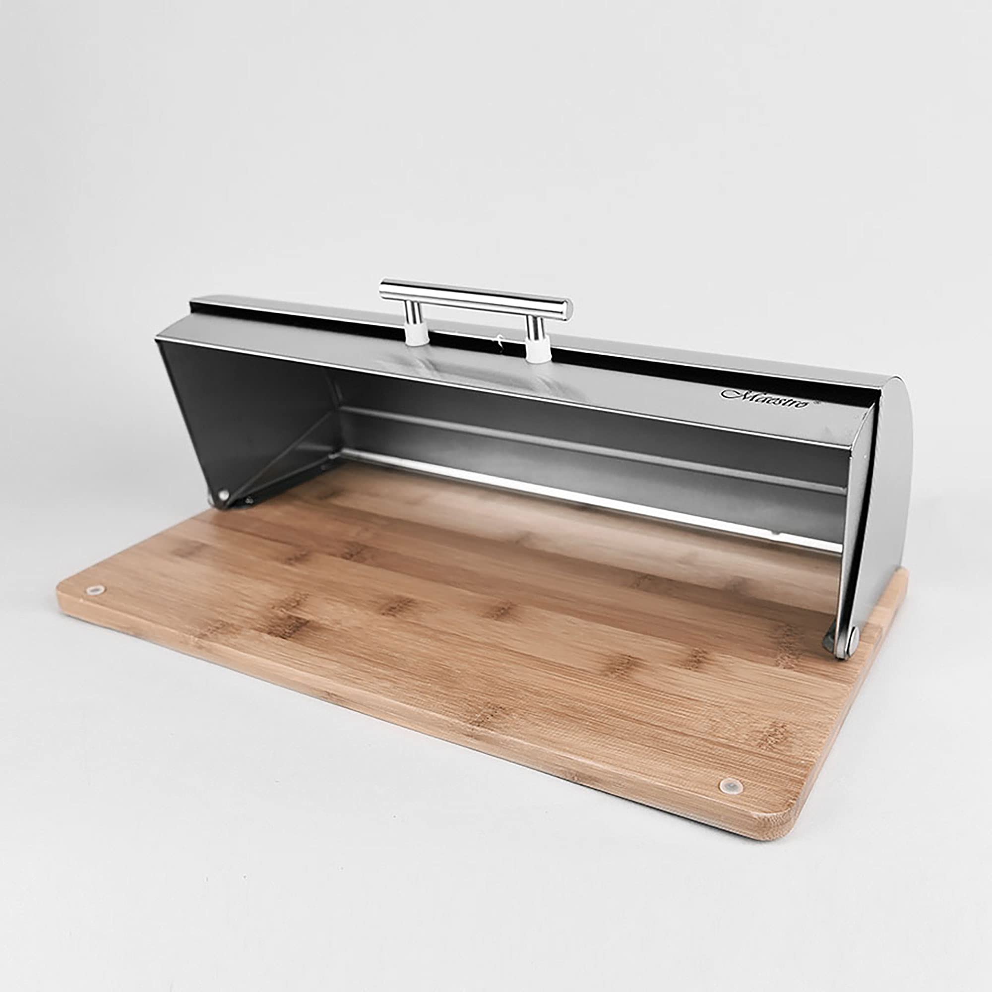 Maestro MR-1672S Stainless Steel & Wood Bread Box with Sliding Lid - Elegant Bread Storage Container for Kitchen Countertop - Perfect for Storing Bread, Buns, Pastries & Baked Goods