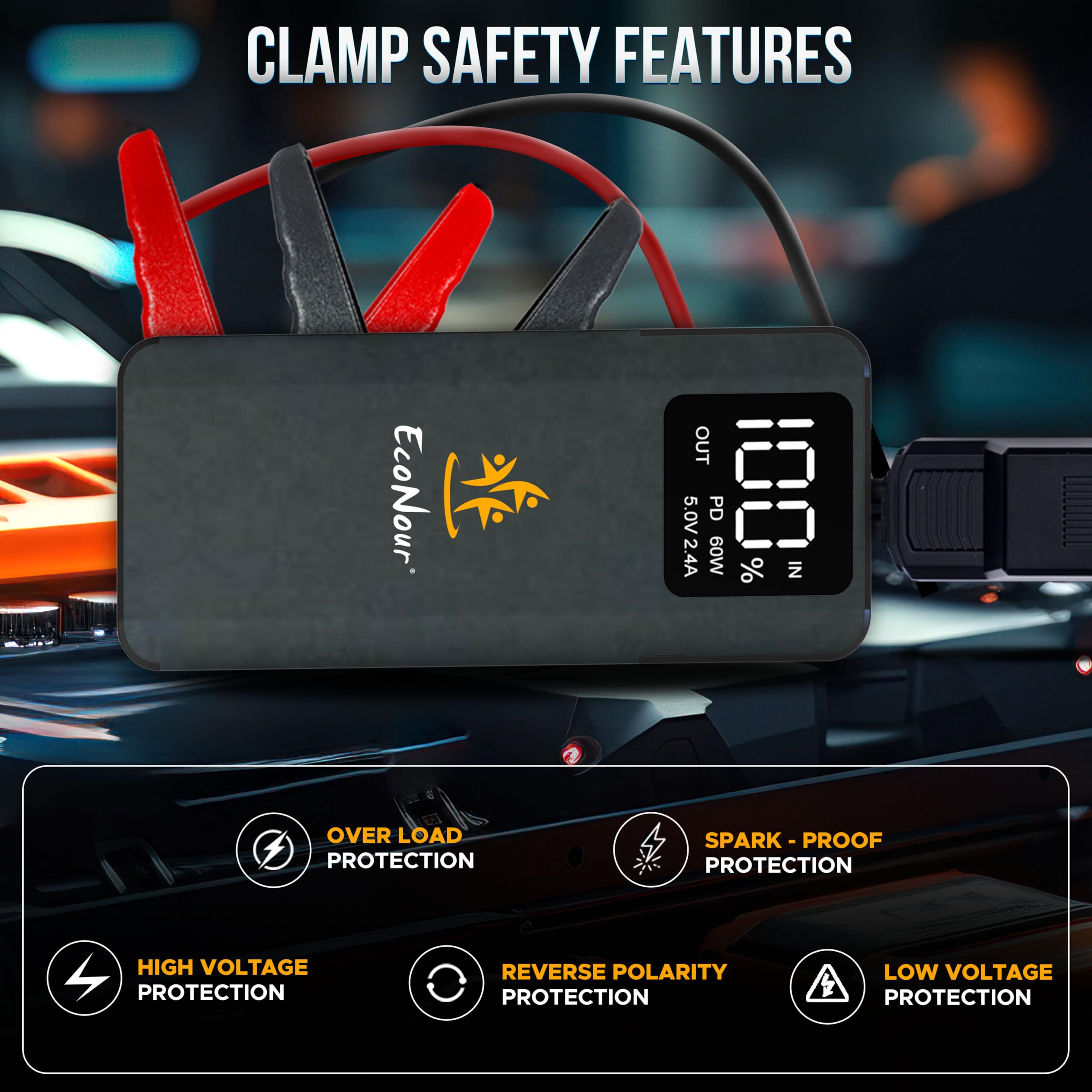 EcoNour 6000A Car Battery Jump Starter with SOS & Jumper Cable - 12V Portable Power Bank for Gas & 12L Diesel Engines - Compatible with Ford, Honda, Trucks - Emergency Roadside Assistance & Winter Car Care Essential