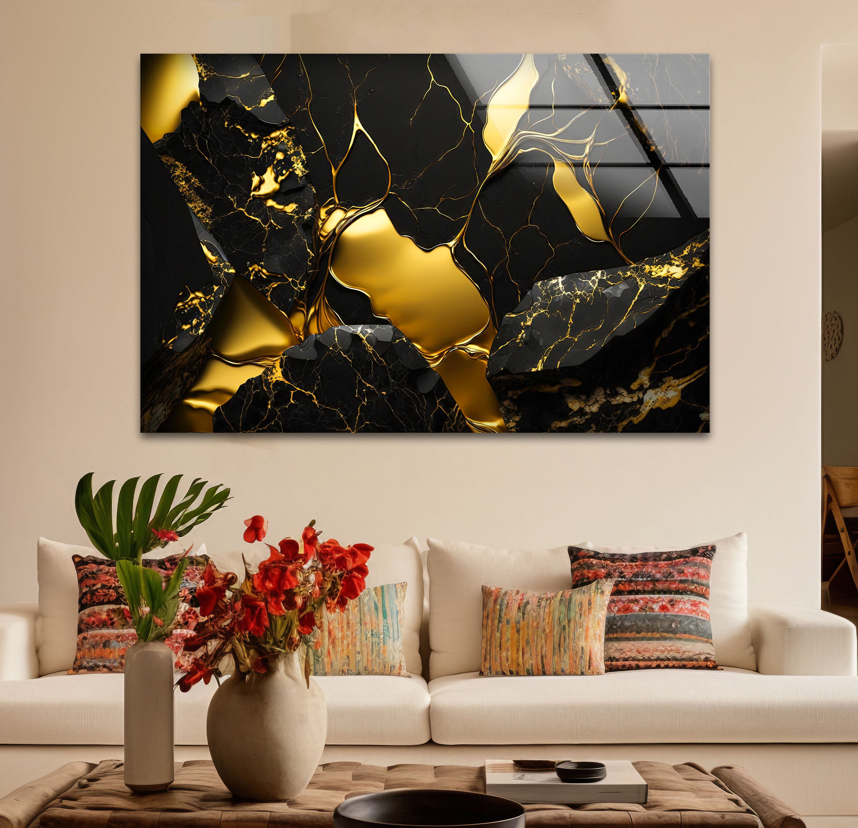 Black and Gold Abstract Wall Art - Modern Glass Print with Luxury Shine for Living Room, Bedroom & Office Decor | Elegant Home Wall Decorations