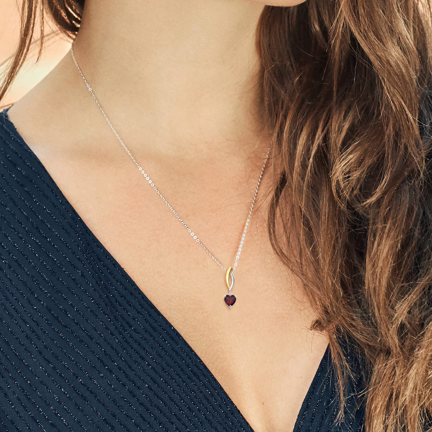 6.5mm Heart Shaped Gemstone Birthstone & Lab Grown Diamond Pendant Necklace for Women - 925 Sterling Silver & 10K Yellow Gold with 18