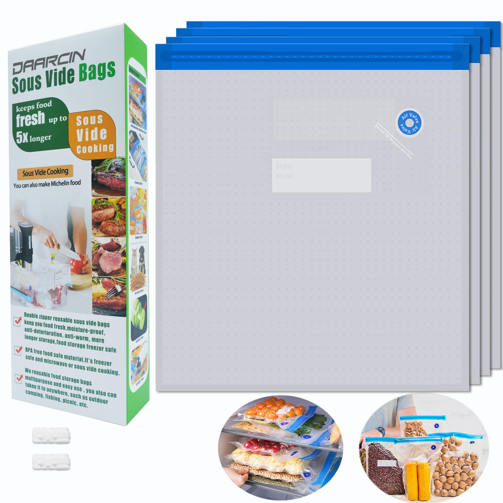 Premium BPA-Free Reusable Vacuum Sealer Bags Kit - 15 Large Sous Vide Bags (11.8x13.4in/30x34cm) + 2 Sealing Clips for Food Storage & Sous Vide Cooking | Perfect for Meal Prep, Freezing, Sous Vide & Vacuum Sealing at Home