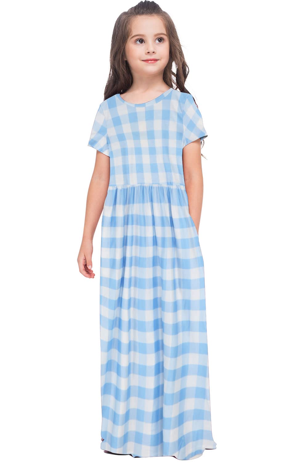 Girls Casual Long Sleeveless Maxi Dress with Pockets - Blue White Plaid Summer Dress for 9-10 Years | Perfect for Beach, Vacation & Outdoor Activities