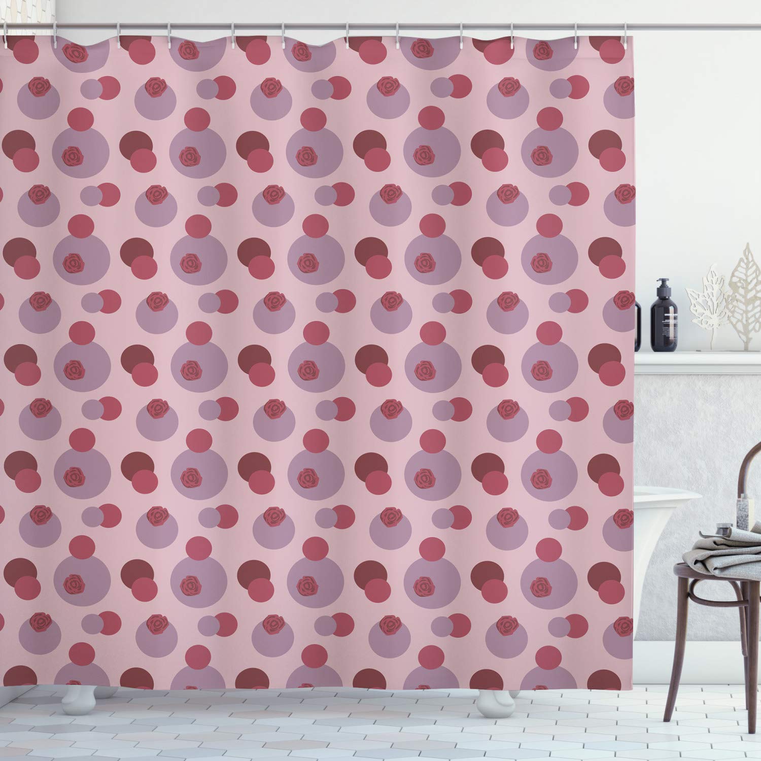 Ambesonne Pastel Shower Curtain - Modern Rose Silhouette & Geometric Circles Design, 69x70 Inch Grey Pink Fabric Bathroom Decor with Hooks | Waterproof Polyester for Bath, Shower, Tub & Spa Decorations