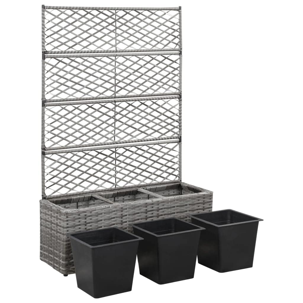 CHARMMA Trellis Raised Garden Bed with 3 Pots - 32.7x11.8x51.2 Inch Poly Rattan Planter Box in Gray - Perfect for Indoor/Outdoor Plants, Flowers, and Vegetables