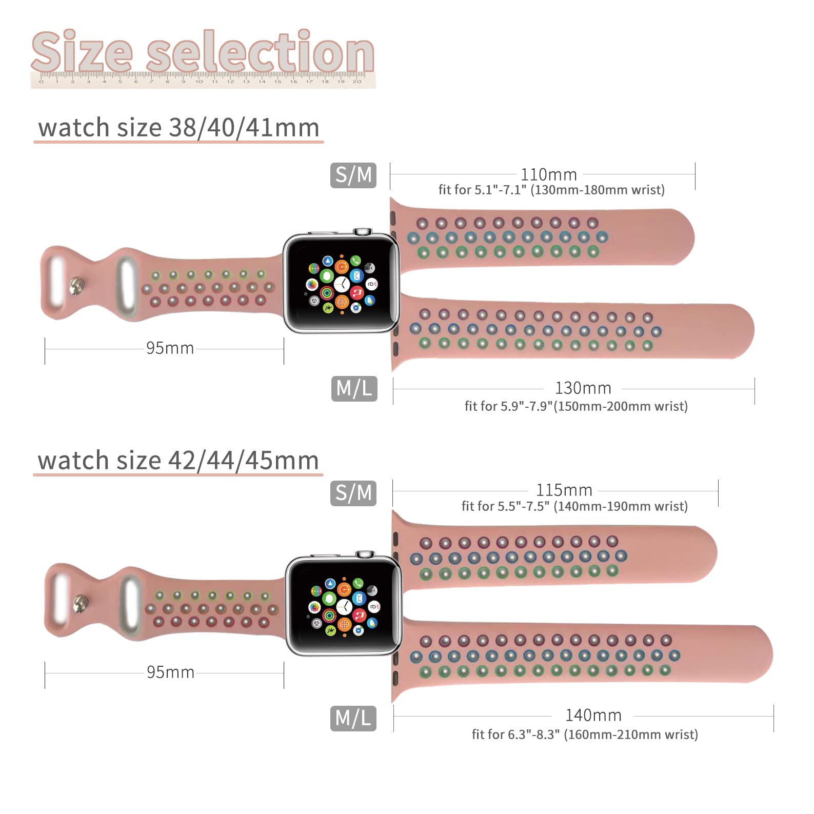 Rainbow Sport Silicone Apple Watch Bands for Women & Men - Compatible with iWatch SE Series 9/8/7/6/5/4/3/2/1 & 49mm/45mm/44mm/42mm/41mm/40mm/38mm - Soft Breathable Replacement Strap for Workout, Running & Daily Wear