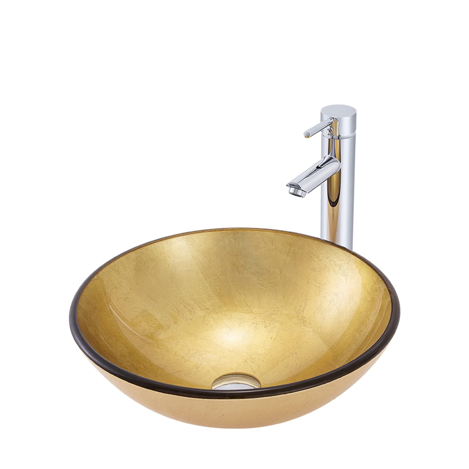 Golden Tempered Glass Vessel Sink - Round Bathroom Countertop Basin with Brass/Chrome Faucet Combo & Pop-Up Drain - Modern Vanity Sink for Luxury Bathrooms, Powder Rooms & Spa Retreats