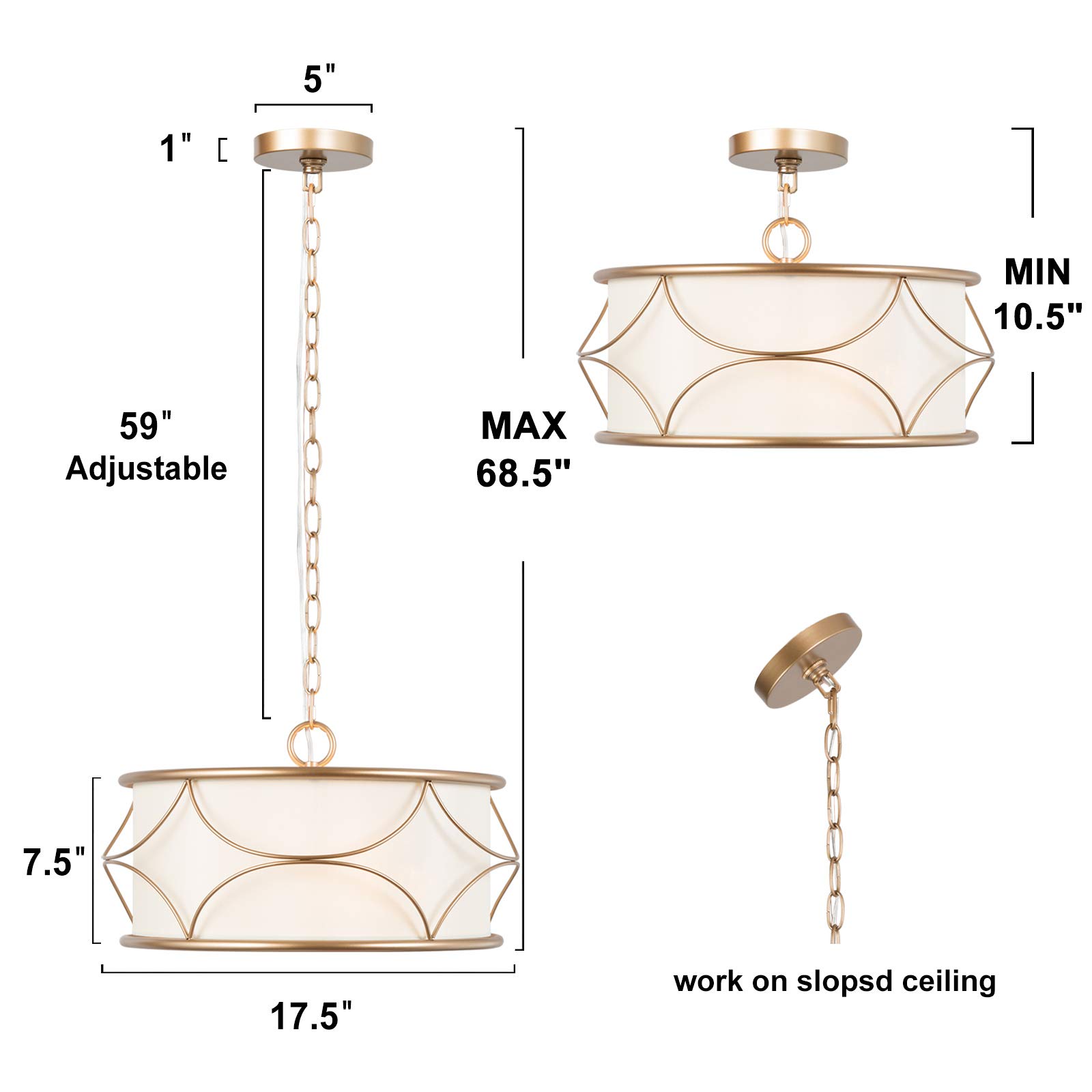 Optimant Lighting Gold Drum Chandelier - 3-Light Modern Pendant Light Fixture for Dining Room, Bedroom, Kitchen | Elegant Ceiling Lighting for Home & Office Decor