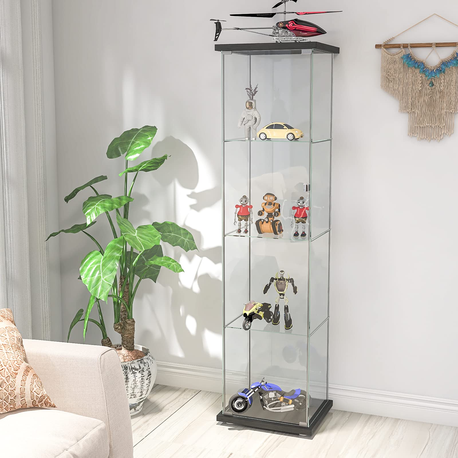 4-Tier Glass Display Cabinet with Door - Clear Floor Standing Curio Showcase for Books, Toys & Collectibles - Perfect for Home Office, Living Room & Retail Store Display