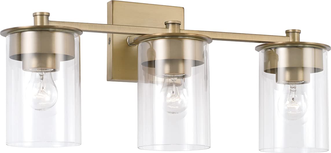 HomePlace Lighting 146831AD-532 Mason Transitional 3-Light Bathroom Vanity Fixture with Clear Glass Cylinder Shades, 300W Total, Brass Finish, 9