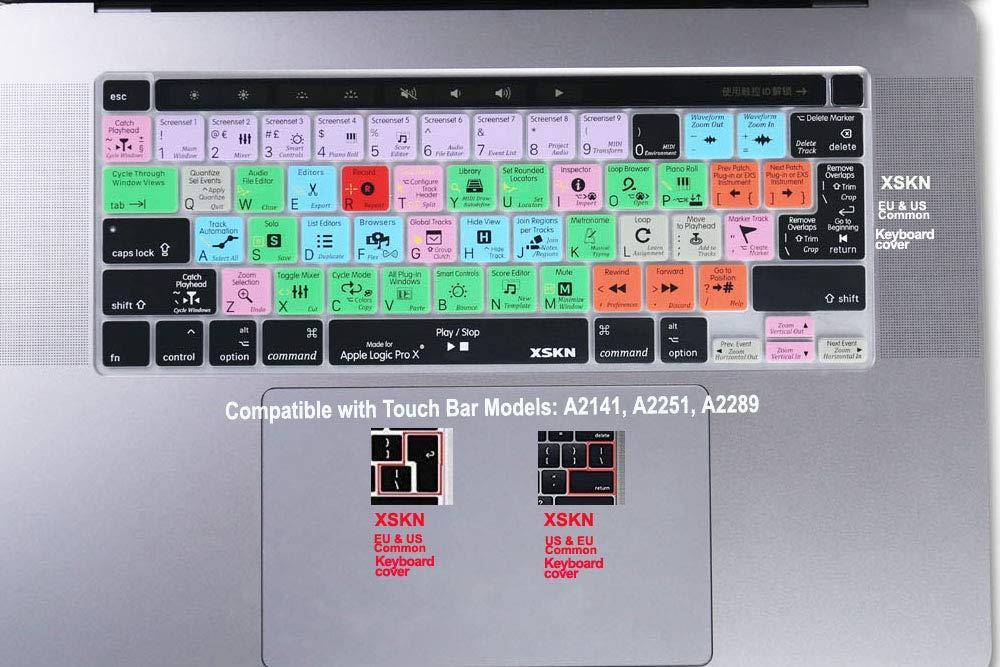 XSKN Logic Pro English Silicone Keyboard Cover for MacBook Pro 16-inch A2141 & 13.3-inch A2251 A2289 A2338 M1 - Touch Bar Shortcuts Skin (US/EU Version) - Perfect for Music Production, Video Editing & Office Work