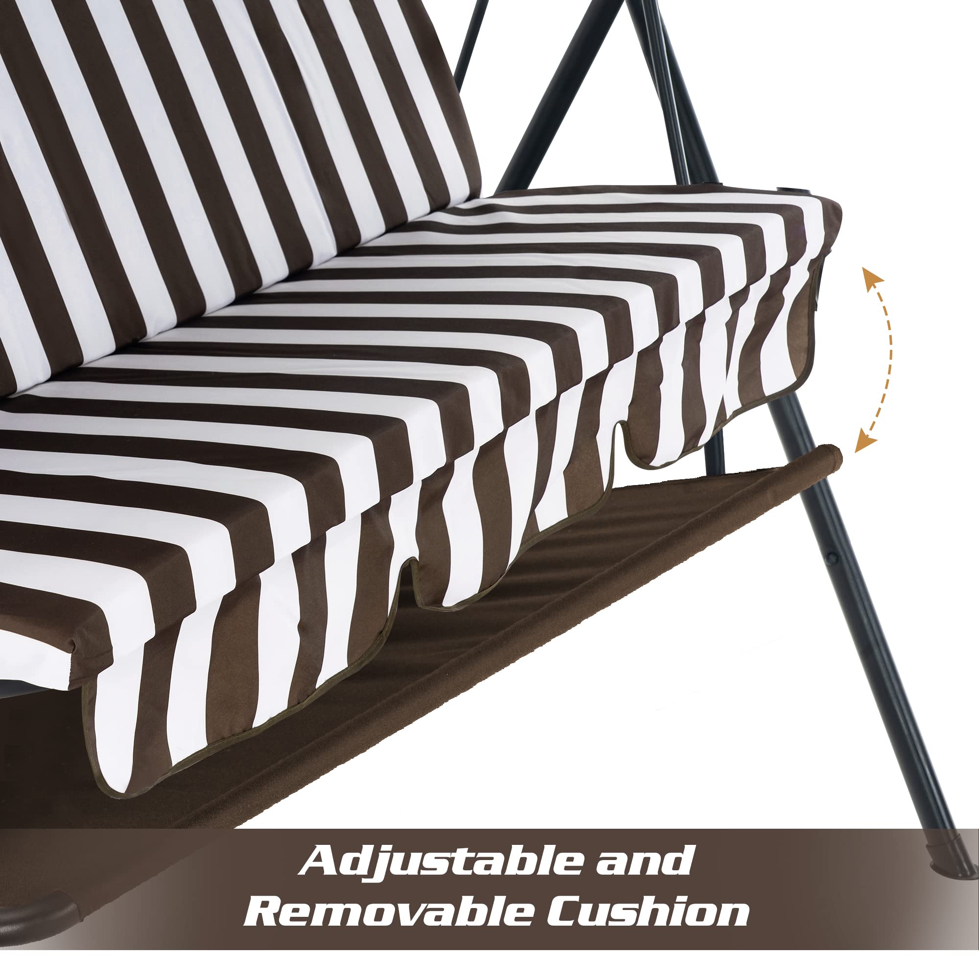 MCombo 2-3 Person Outdoor Patio Swing Chair with Canopy & Steel Stand - Removable Cushions, Weather-Resistant, for Backyard, Garden, Balcony, Porch (Brown with White Stripes) - Perfect for Relaxing, Lounging & Enjoying Summer Breezes
