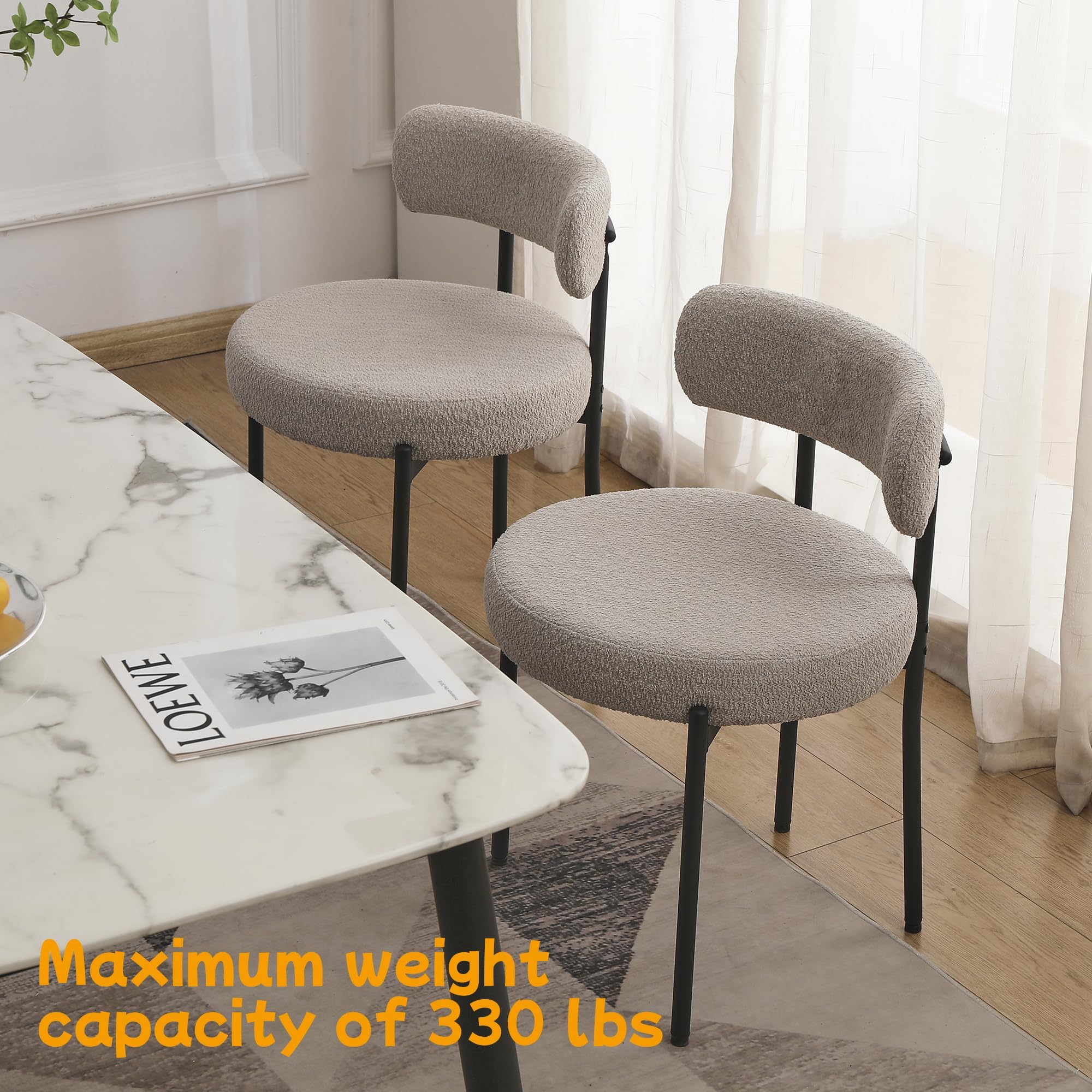 EDWELL Boucle Dining Chairs Set of 4 - Modern Upholstered Kitchen Chairs with Thick Cushions & Black Metal Legs - Grey Round Accent Chairs for Dining Room, Kitchen, Living Room - Perfect for Home Decor & Entertaining Guests