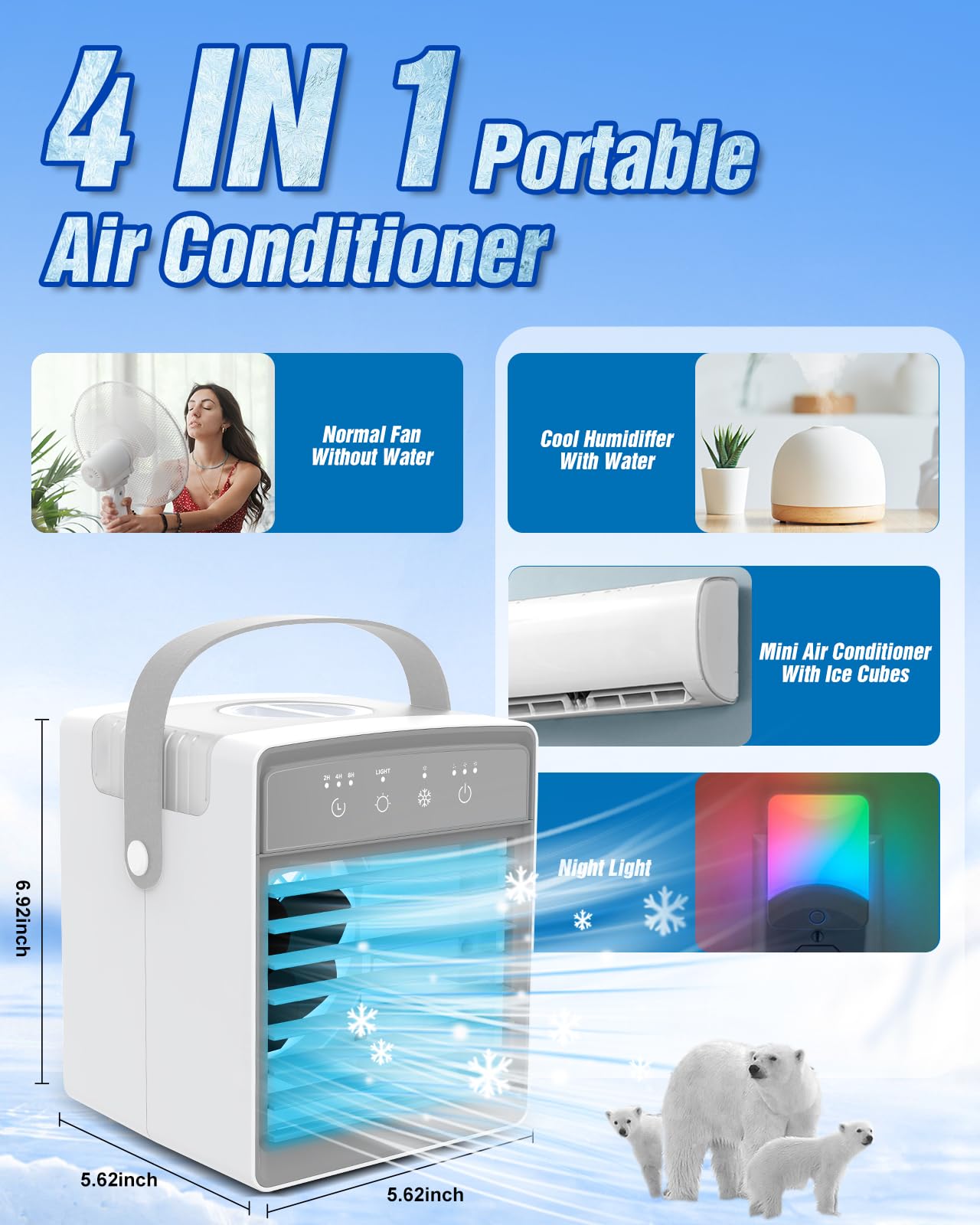 Portable Air Conditioner with 3 Wind Speeds & 7 LED Lights - 4-in-1 Evaporative Cooler with 300ml Large Water Tank - Mini AC Unit for Bedroom, Home, Office, Car, Camping - Stay Cool Anywhere