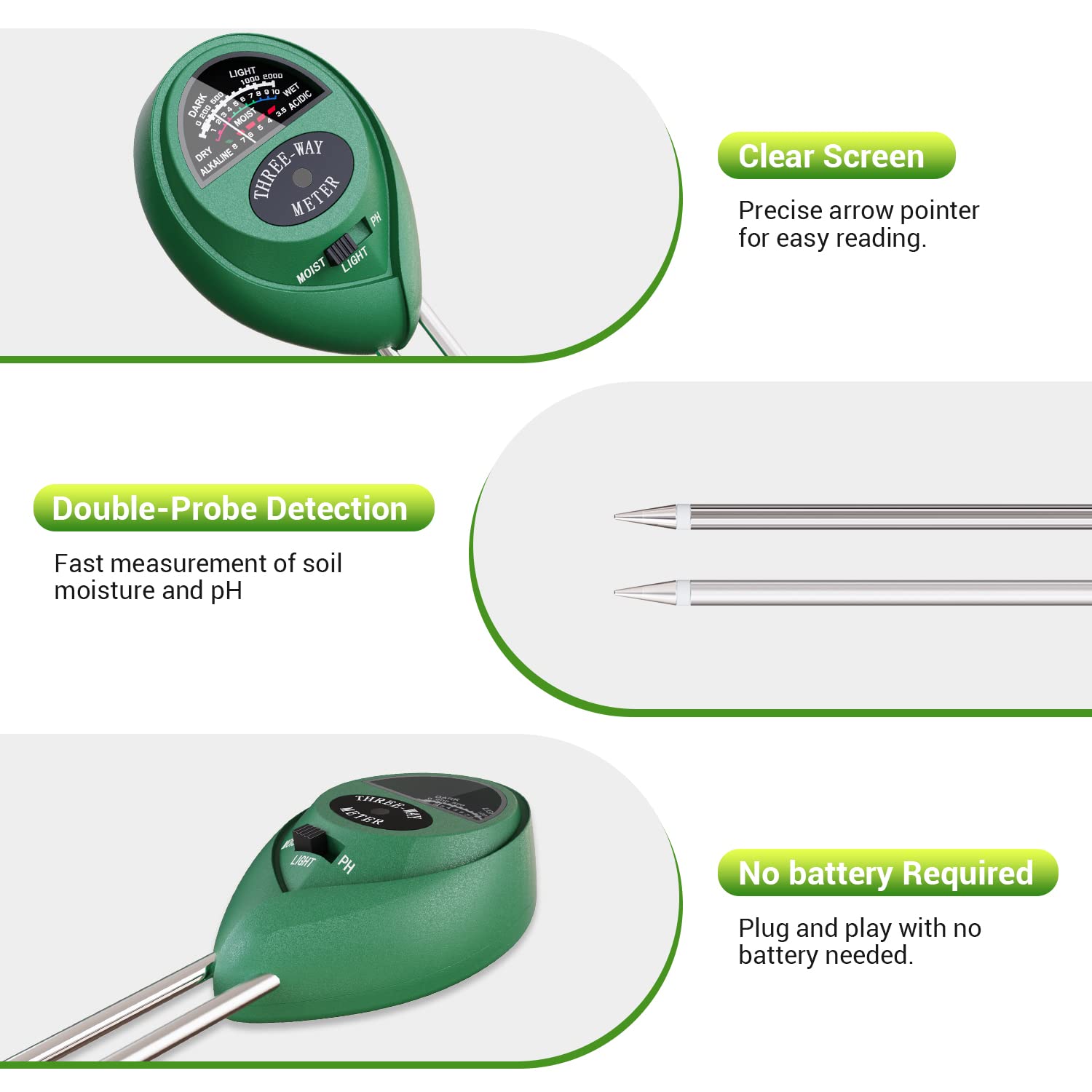Dr.meter 3-in-1 Plant Moisture Meter - Soil Moisture, Light & pH Tester for Indoor/Outdoor Plants | No Batteries Needed | Perfect for Gardening, Houseplants & Lawn Care