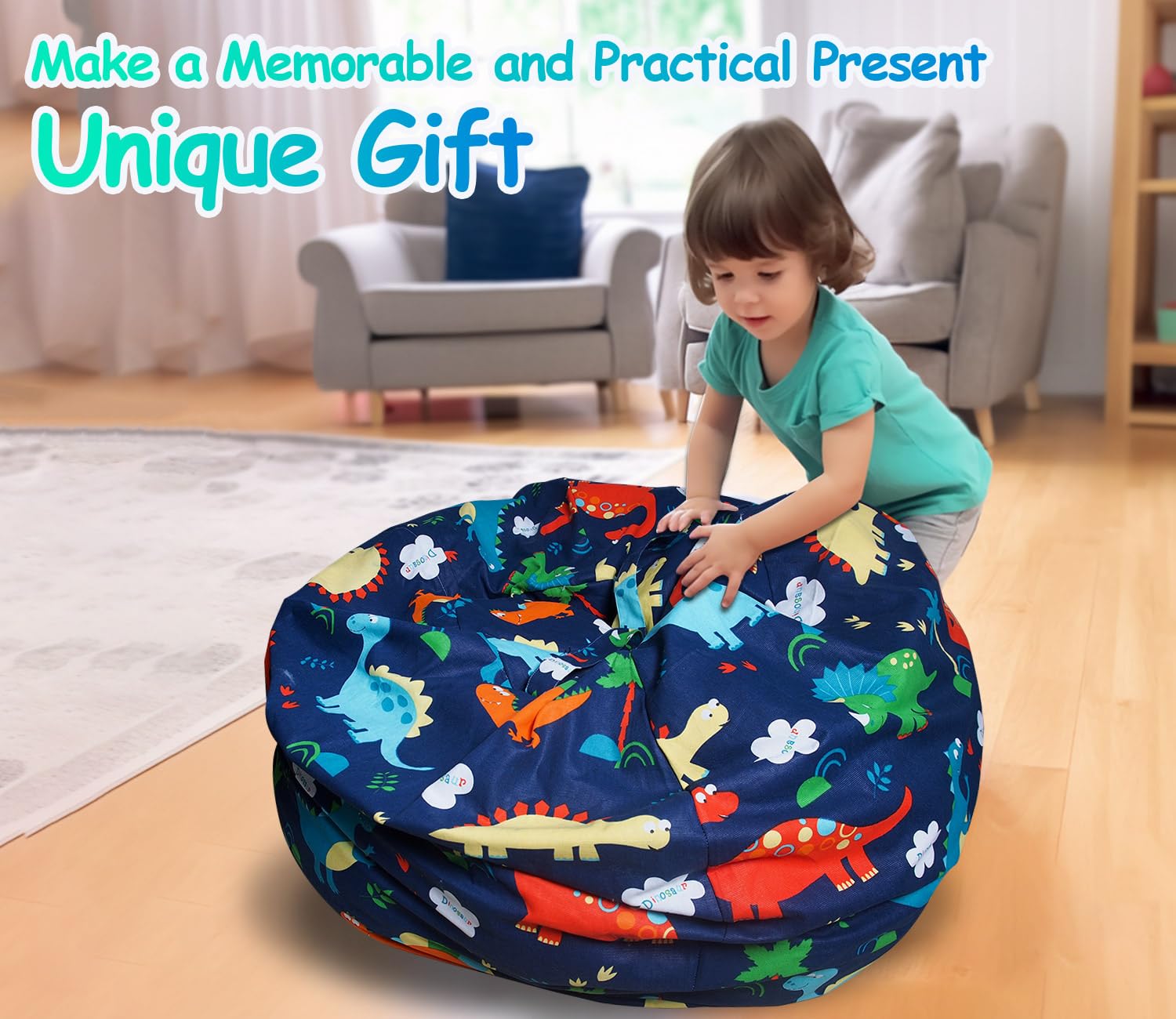 Soft Cotton Canvas Stuffed Animal Storage Bean Bag Chair with Zipper - No Filler Toy Organizer for Kids | Perfect for Playroom, Bedroom & Nursery Organization