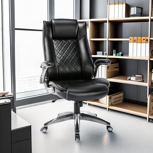 Premium Ergonomic Executive Office Chair - High Back Leather Computer Desk Chair with Padded Flip-Up Arms & Smooth-Swivel Base - Black - Perfect for Home Office, Gaming & Professional Workspaces