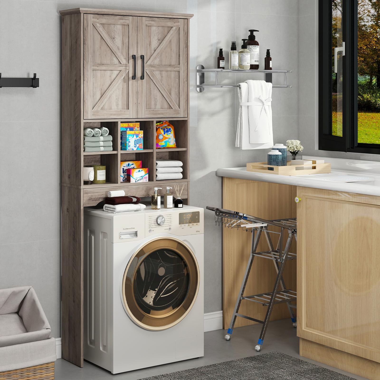 Over The Toilet Storage Cabinet with 2 Doors & Adjustable Shelves - Space Saving Bathroom Organizer for Small Spaces, Grey - Perfect for Towels, Toiletries & Bath Essentials Storage
