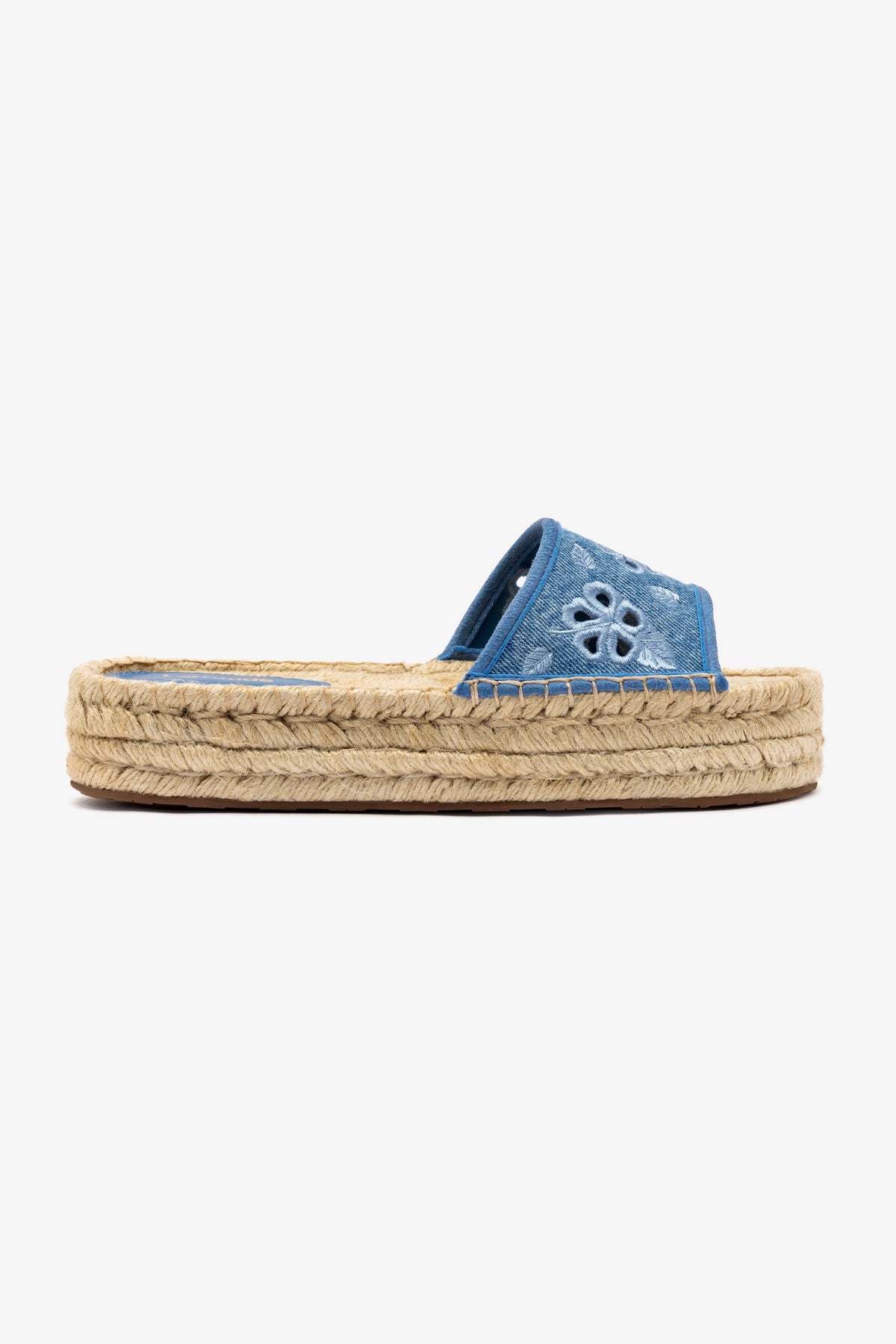 Letizia Espadrille Flatform Sandals - Blue Stonewashed Denim with Hibiscus Embroidery | Comfortable Summer Wedges for Beach, Vacation & Casual Outings