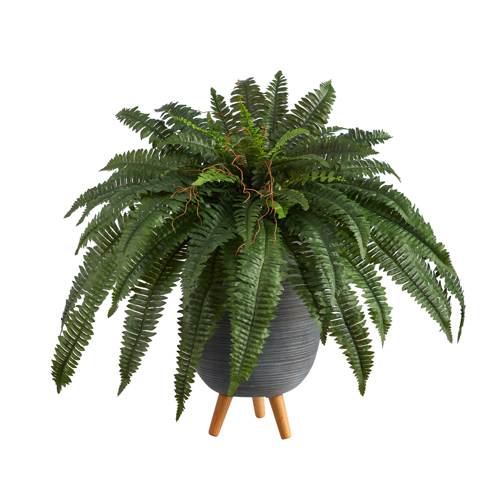 Nearly Natural 2.5ft Boston Fern Artificial Plant - Realistic Fake Hanging Plant in Gray Planter with Stand for Home Office Decor, Indoor Greenery, and Porch Display