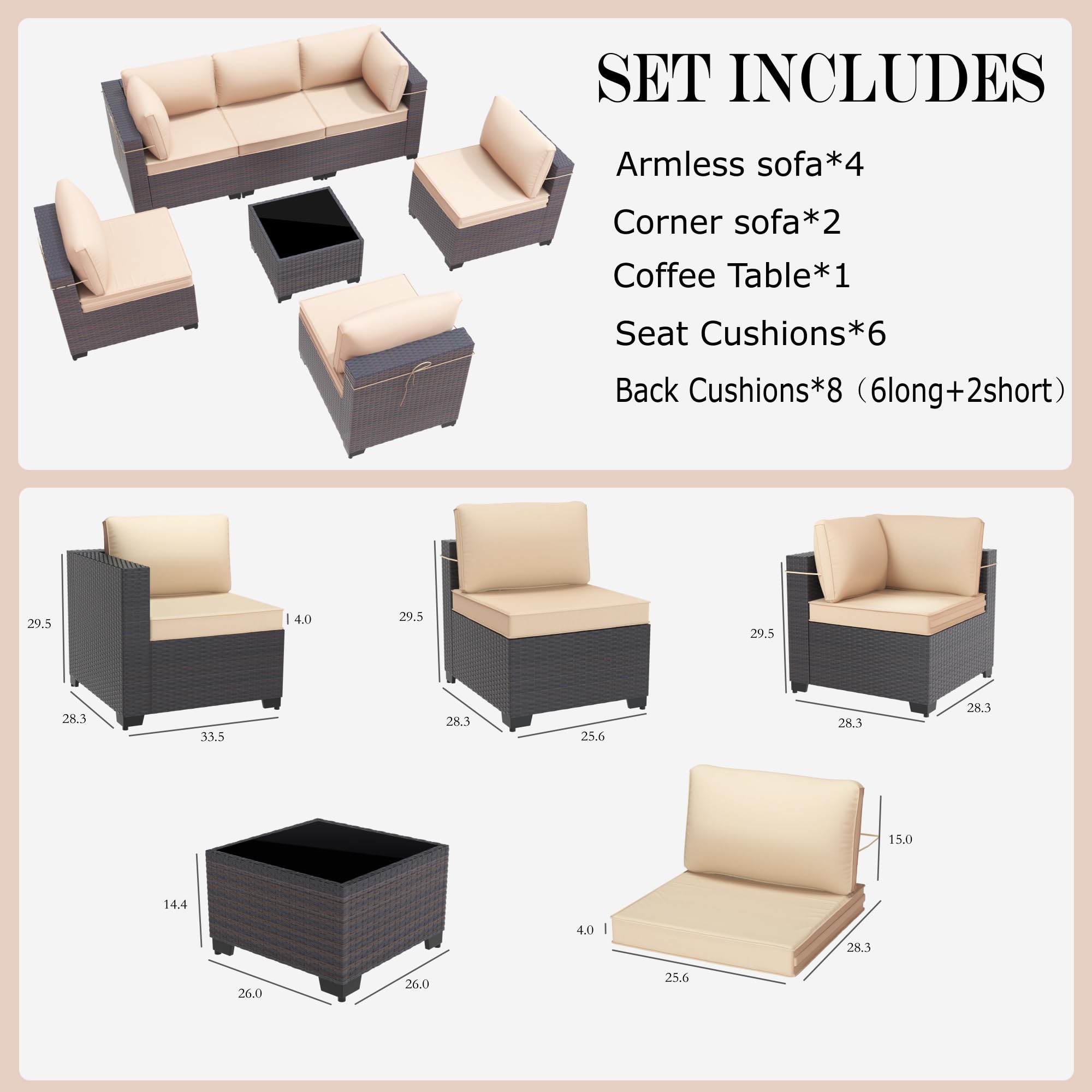 7-Piece Gotland Outdoor Patio Furniture Set - All-Weather PE Wicker Sectional Sofa with Replaceable Khaki Cushions & Coffee Table - Perfect for Backyard, Garden, Poolside or Deck Relaxation