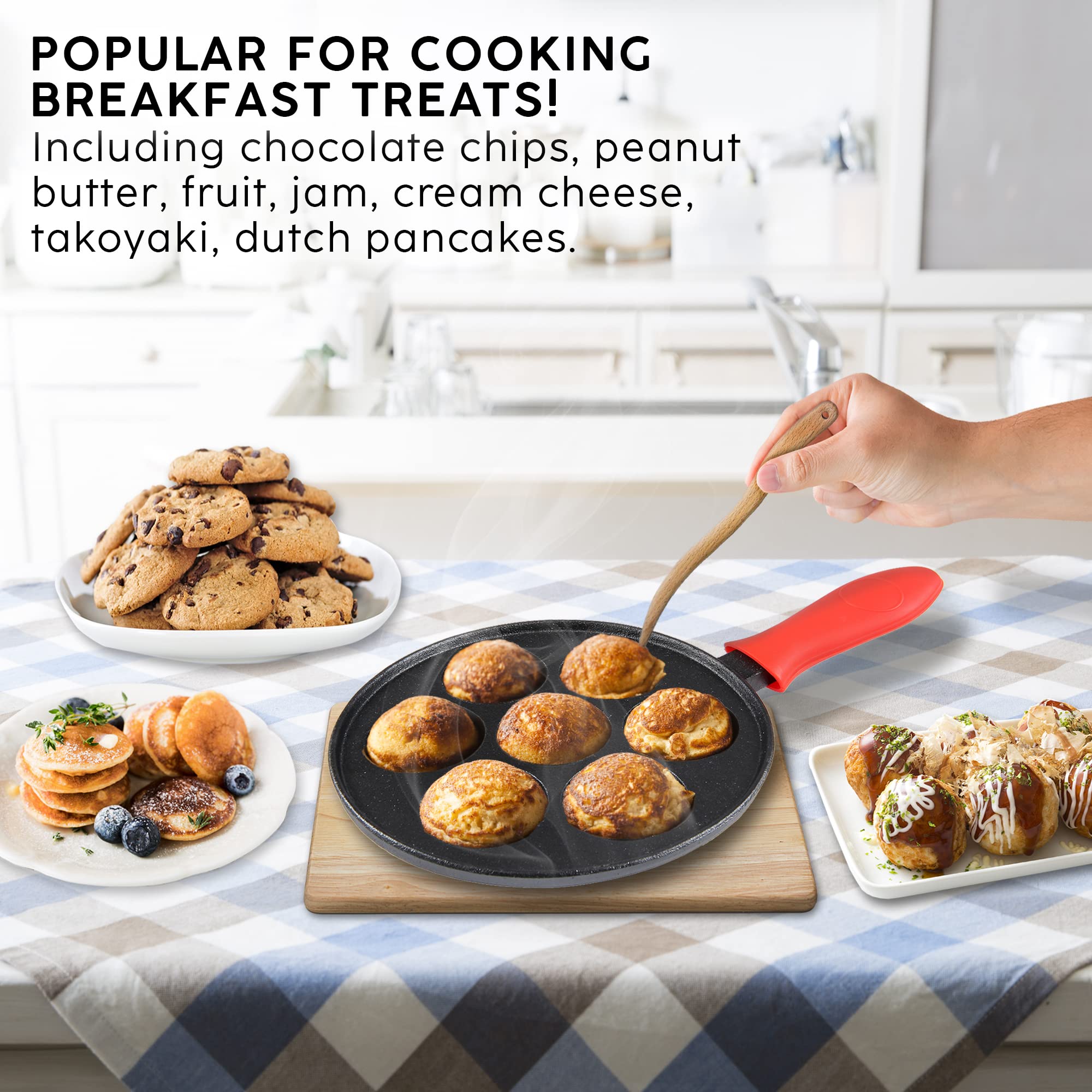 **Upstreet Cast Iron Aebleskiver Pan - Danish Ebelskiver Pan for Mini Pancakes, Cake Pops & Takoyaki - Non-Stick & Durable (Red) - Perfect for Breakfast, Desserts & Party Snacks**