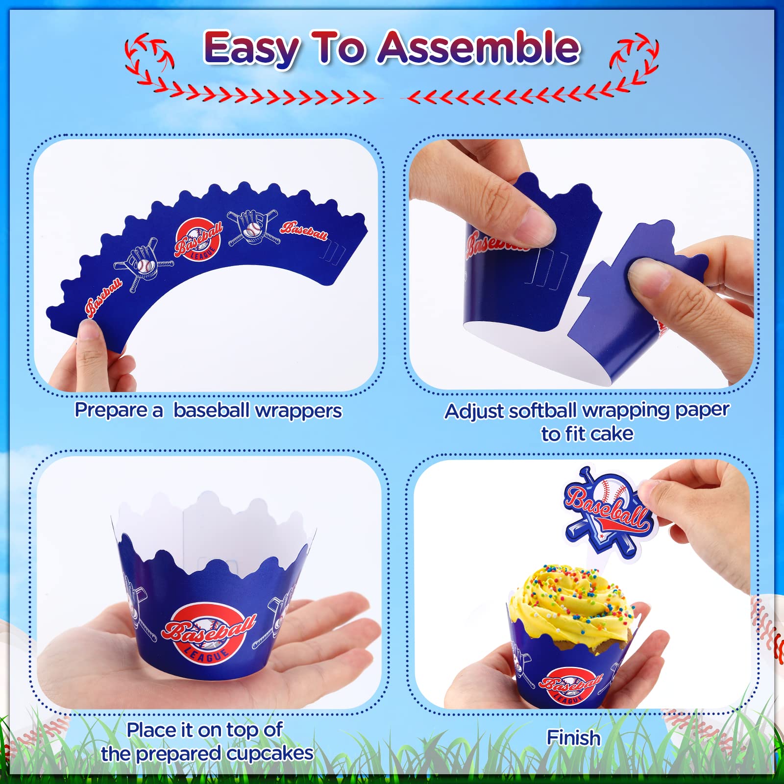 48Pcs Baseball Cupcake Toppers & Wrappers - Baseball Party Decorations for Boys Birthday, Sports Theme Parties - Perfect for Baseball Birthday Cakes, Baby Showers & Game Day Celebrations