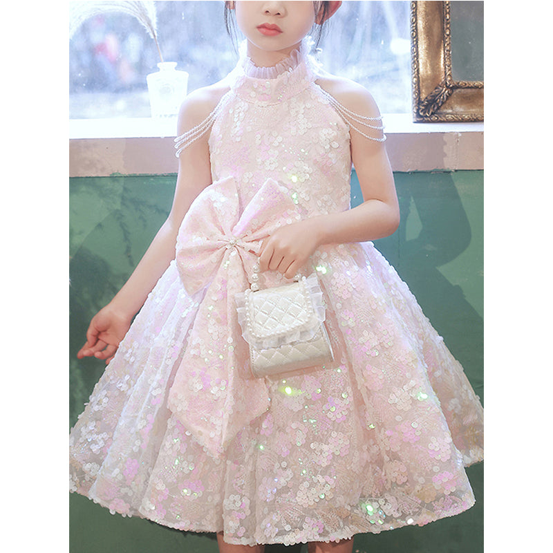 Sparkly Pink Sequin A-Line Flower Girl Dress with Mock Neck & Sleeveless Design - Perfect for Weddings, Pageants, and Special Occasions