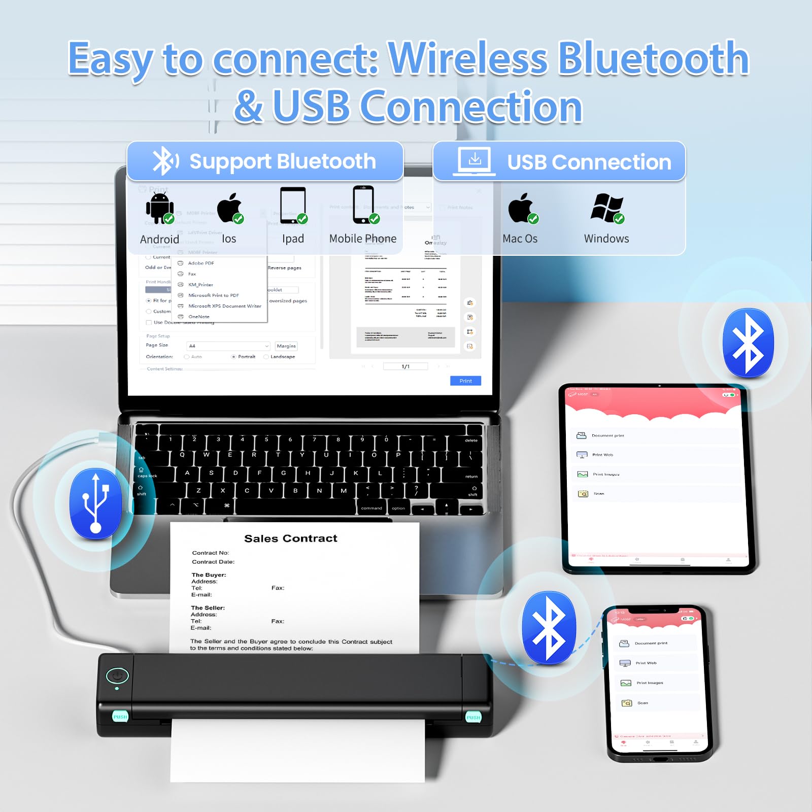 Ponek M08F Wireless Portable Inkless Printer - Bluetooth Thermal Printer for Travel, Office & Home, Supports 8.5