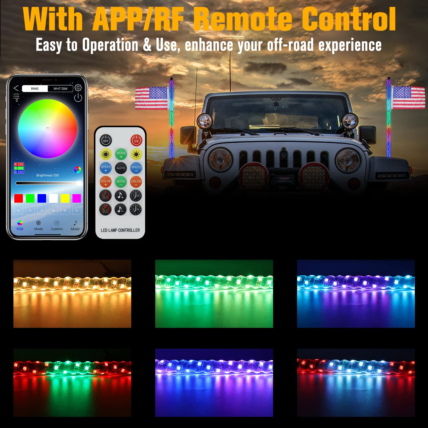 2PCS 3FT Spiral LED Whip Lights - Waterproof Bluetooth APP & RF Wireless Remote Control - Safety Warning Lights for Offroad UTV ATV Polaris RZR 4X4 Dune Buggy - Perfect for Night Riding, Camping & Off-Road Adventures