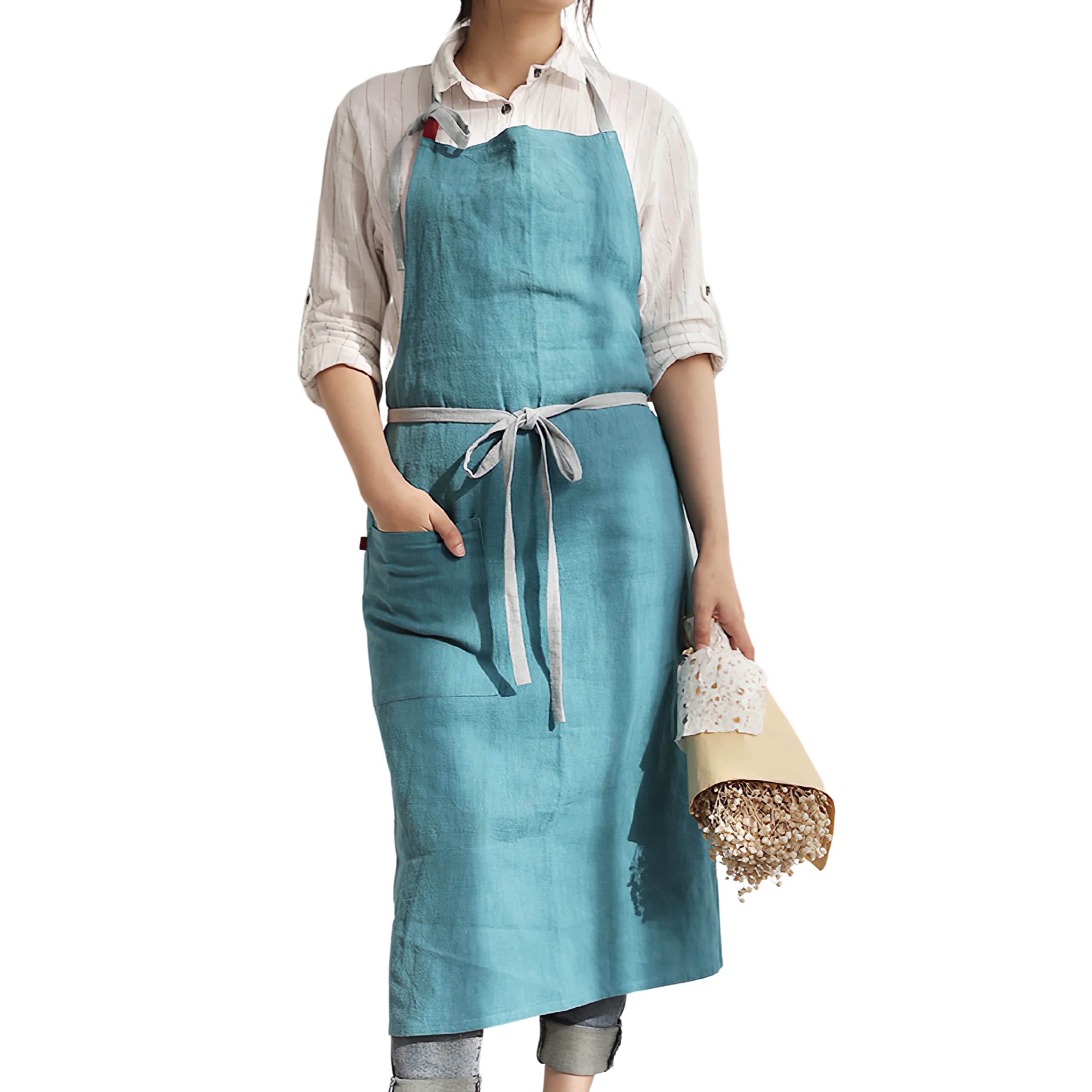 Premium Linen Kitchen Apron for Women & Men - Adjustable Bib Apron with Pockets for Cooking, Baking & Grilling (9 Colors) - Ideal for Home Chefs, BBQ Parties & Professional Kitchens