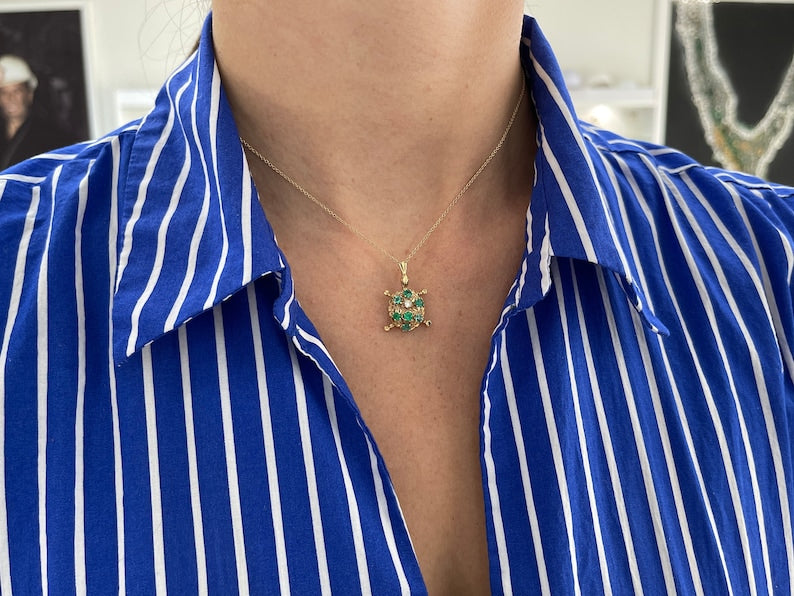 14K Gold Natural Green Emerald Round Cut Diamond Accent Sea Turtle Pendant Necklace - 0.64tcw, Perfect for Beach Vacations, Summer Outfits & Ocean-Themed Jewelry Gifts