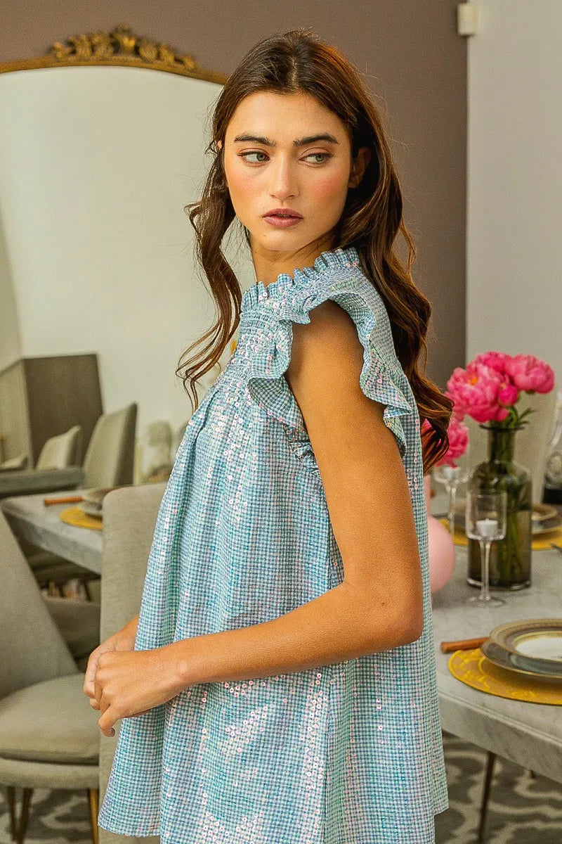 BiBi Clear Sequin All Over Gingham Smocked Top - Trendy Women's Blouse for Party, Holiday & Special Occasions