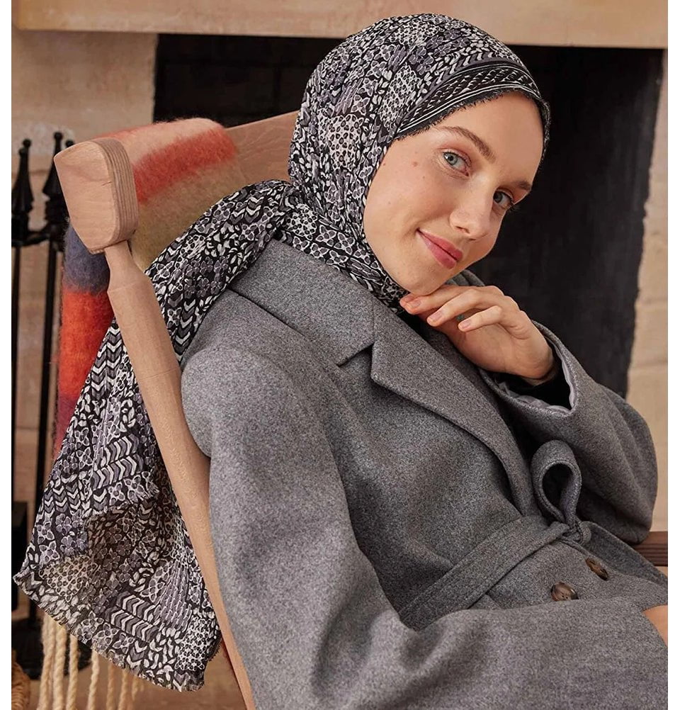Abstract Crinkle Cotton Hijab Shawl - Black | Modest Fashion Scarf for Women | Perfect for Daily Wear, Prayer, and Special Occasions