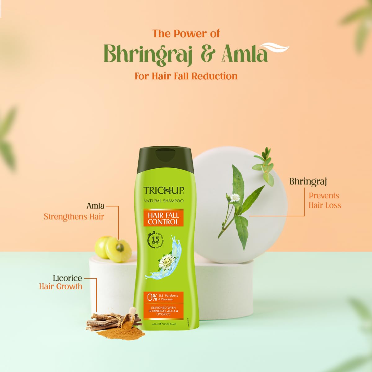 Trichup Hair Fall Control Natural Shampoo with Amla, Licorice & Bhringaraj - Reduces Hair Loss & Thinning - 400ml - For Daily Hair Care & Scalp Nourishment