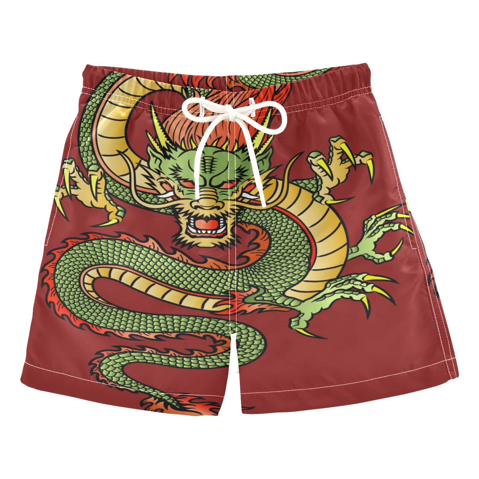**Boys' Quick-Dry Swim Trunks with Chinese Dragon Design - Red Toddler Swimwear for Kids 2-8 Years - Perfect for Beach, Pool & Summer Water Play**