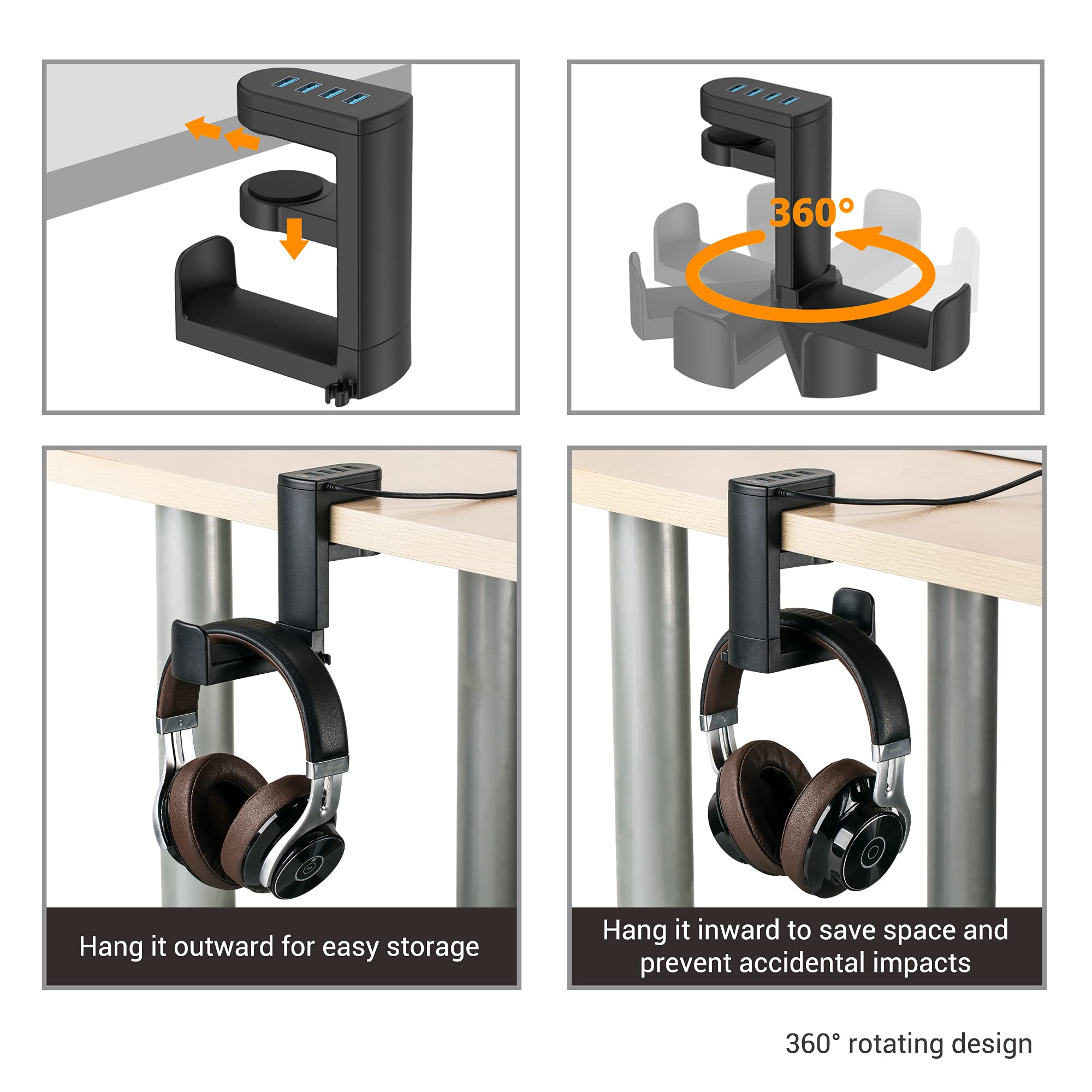 Kiorafoto 2-in-1 Under Desk Headphone Hook & 4-Port USB 3.0 Hub - 360° Rotating Gaming Headset Stand with High-Speed Data Transfer for PC, Laptop, and Multiple Devices | Perfect for Home Office, Gaming Setup, and Workspace Organization