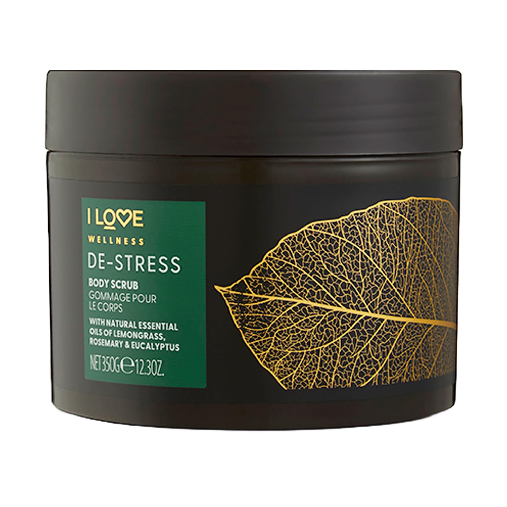 I LOVE Wellness De-Stress Body Scrub - Exfoliating Sea Salt Shower Scrub with Lemongrass, Eucalyptus & Coconut Oil (12.3 oz) - Perfect for Relaxation & Skin Renewal in Bath or Shower