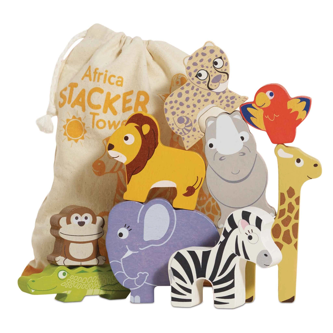 African Animal Stacking Toys with Storage Bag - Wooden Educational Toys for Toddlers & Kids - Perfect for Preschool Learning, Montessori Play & Travel Activities