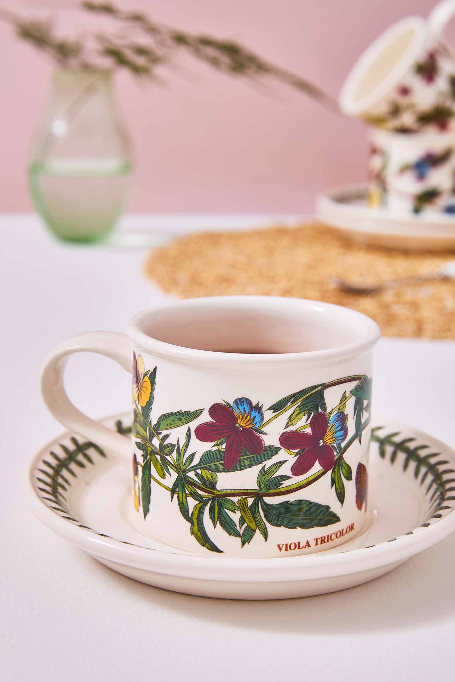 Portmeirion Botanic Garden 7oz Teacup and Saucer Set of 4 - Poppy Floral Design, Drum Shaped Porcelain Tea Cups with Chip-Resistant Glaze - Dishwasher, Microwave, Oven Safe - Perfect for Afternoon Tea, Bridal Shower, Mother's Day Gift, and Home Decor