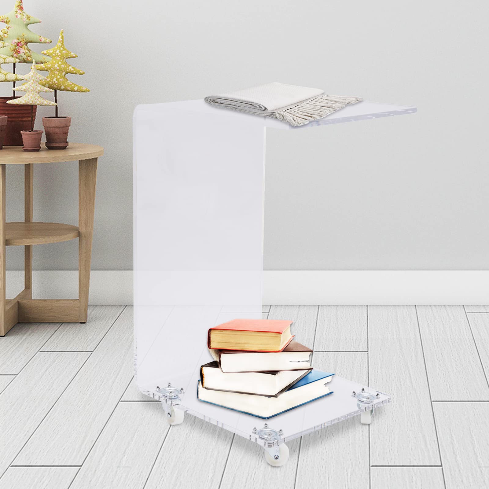 Small Couch Side Table - C-Shaped Acrylic End Table with Wheels | Clear Movable Nightstand for Living Room, Bedroom & Small Spaces | Perfect for Sofa, Reading Nook & Studio Apartments