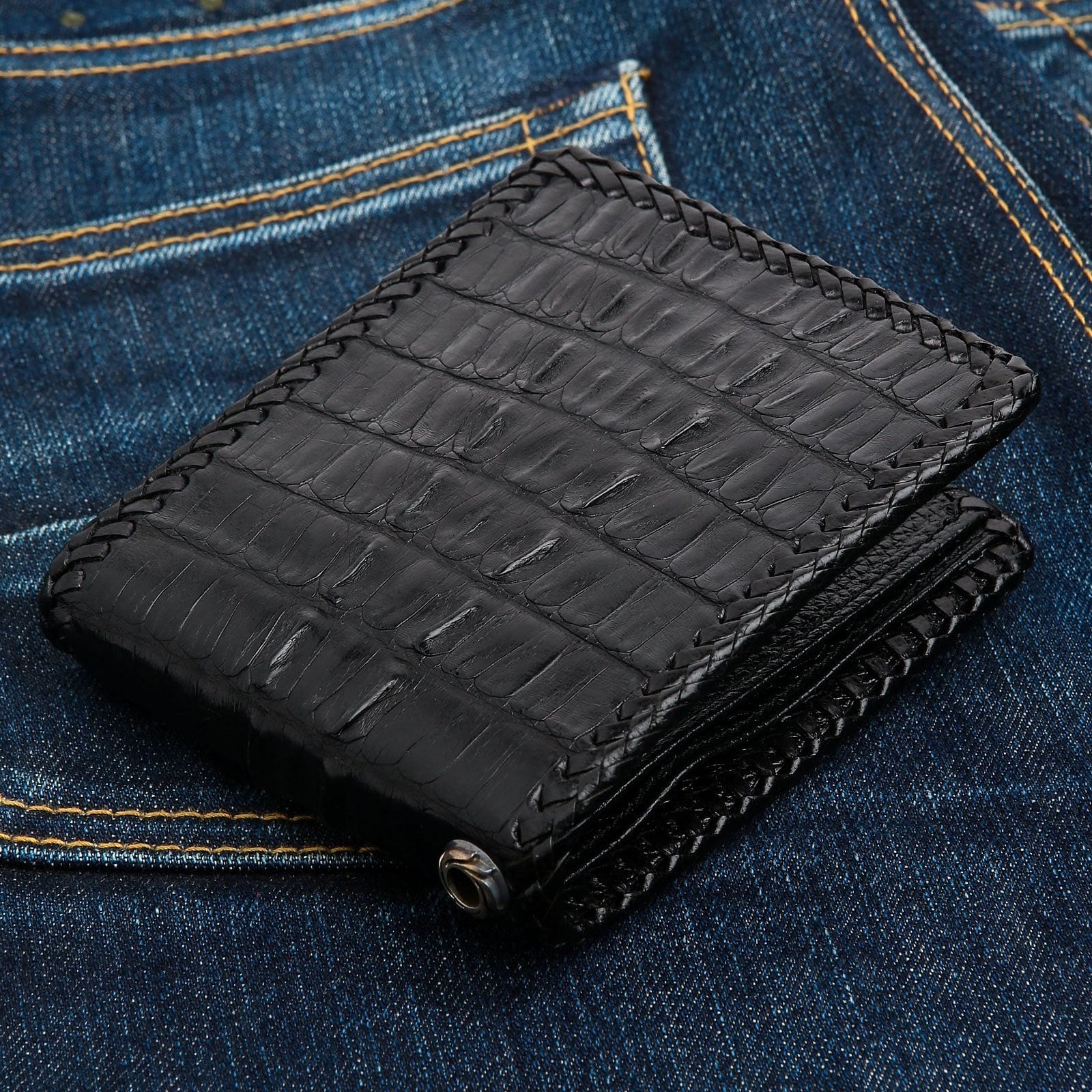 Black Crocodile Leather Biker Wallet for Men - RFID Blocking Slim Wallet with Money Clip - Perfect for Motorcycle Riders, Travel & Everyday Use