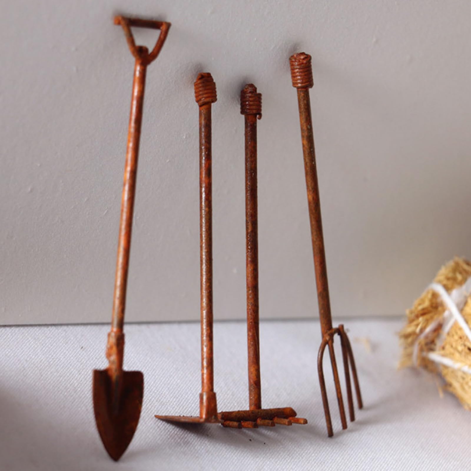 1:12 Scale Miniature Dollhouse Garden Tools Set - 4Pcs Mini Shovels, Rake & Pitchfork for Fairy Gardens, DIY Miniature Scenes & Dollhouse Accessories - Perfect for Fairy Garden Decor, Miniature Landscaping & Creative Crafts