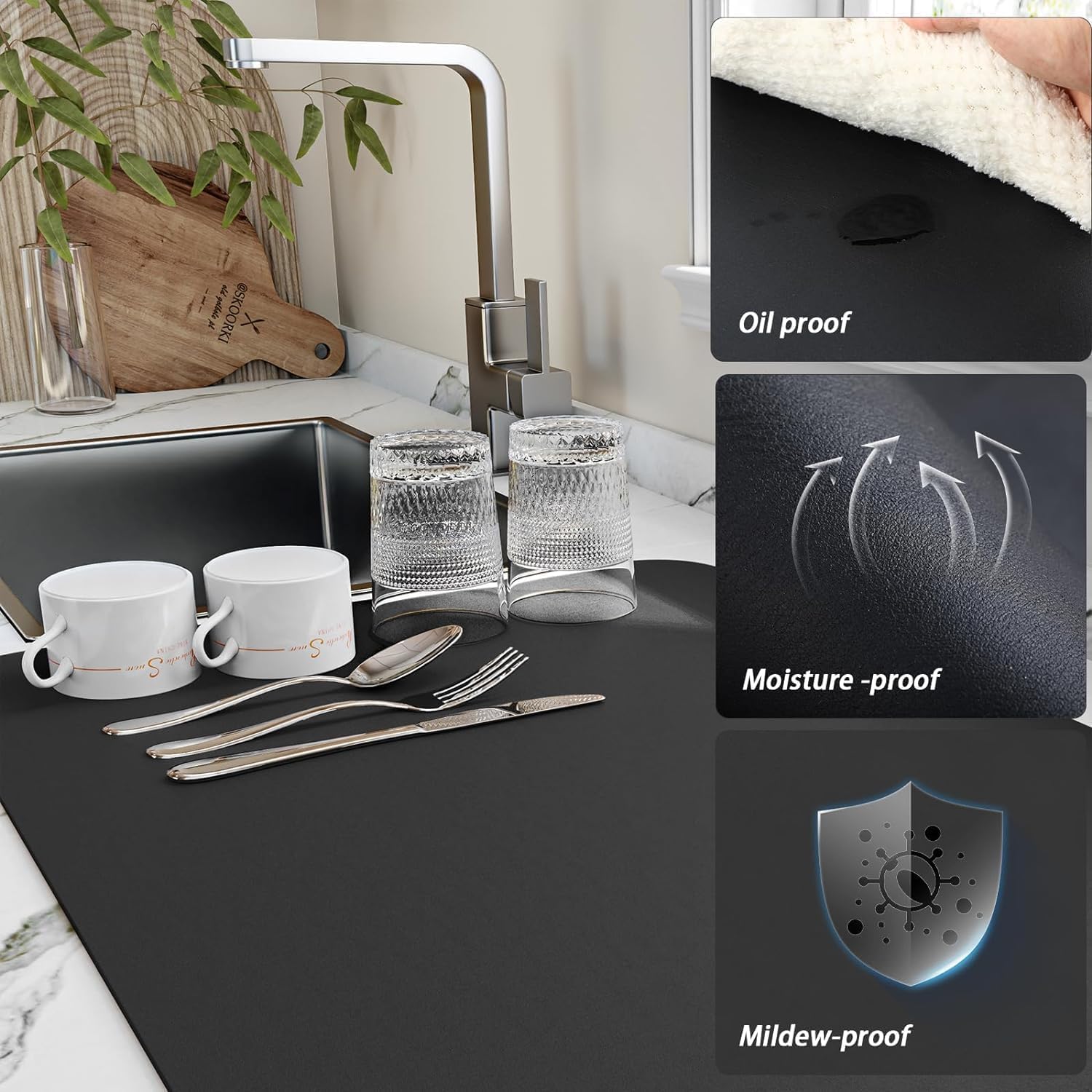 Non-Slip Large Kitchen Drying Mat (60 x 40 cm) - Black Rubber Water Absorbent Dish Drying Rack for Utensils, Cups & Plates | Perfect for Countertops, Sink Areas & Dish Racks