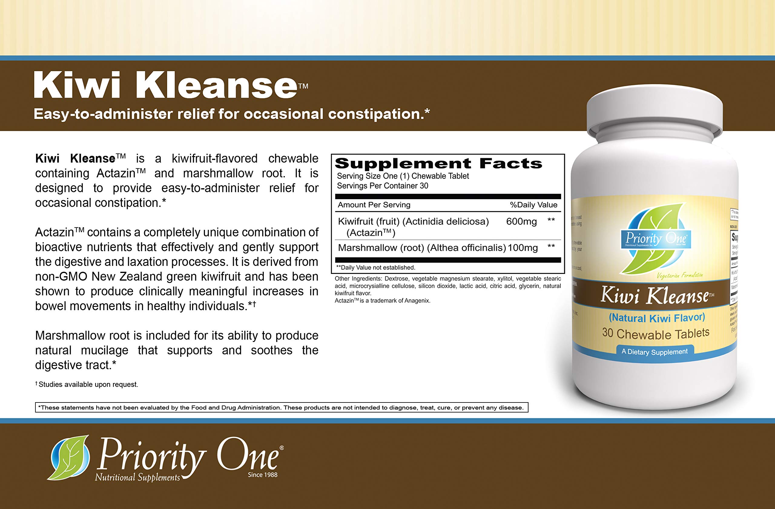 Priority One Vitamins Kiwi Kleanse 30 Chewable Tablets - Fast-Acting Constipation Relief for Adults & Kids | Clinically Proven Formula | Easy-to-Take Fruit Flavor | Supports Digestive Health & Regularity - Perfect for Travel, Post-Surgery Recovery & Daily Wellness